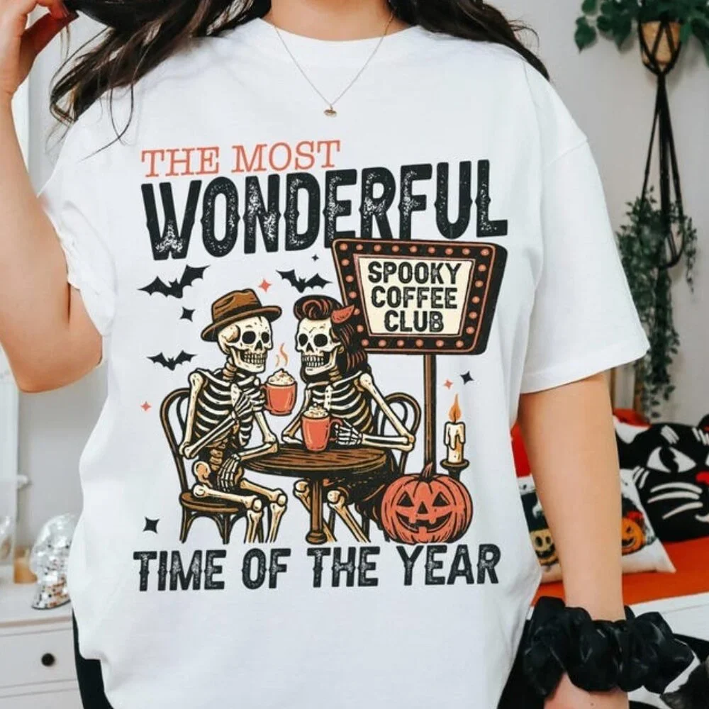 Skeletons Drinking Coffee, Retro Halloween Tee - Picture 1 of 3